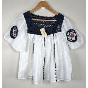 NWOT Cleobella White and Navy Short Sleeve Top